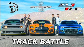 Download the video "2020 Mustang Shelby GT500 vs Camaro ZL1 1LE vs Hellcat Redeye // DRAG RACE, ROLL RACE & LAP TIMES"