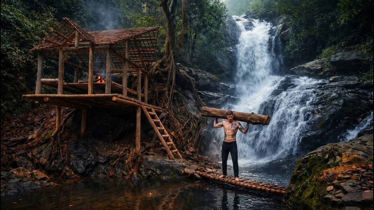 Building a Shelter Next to a Natural Waterfall (Part 1)