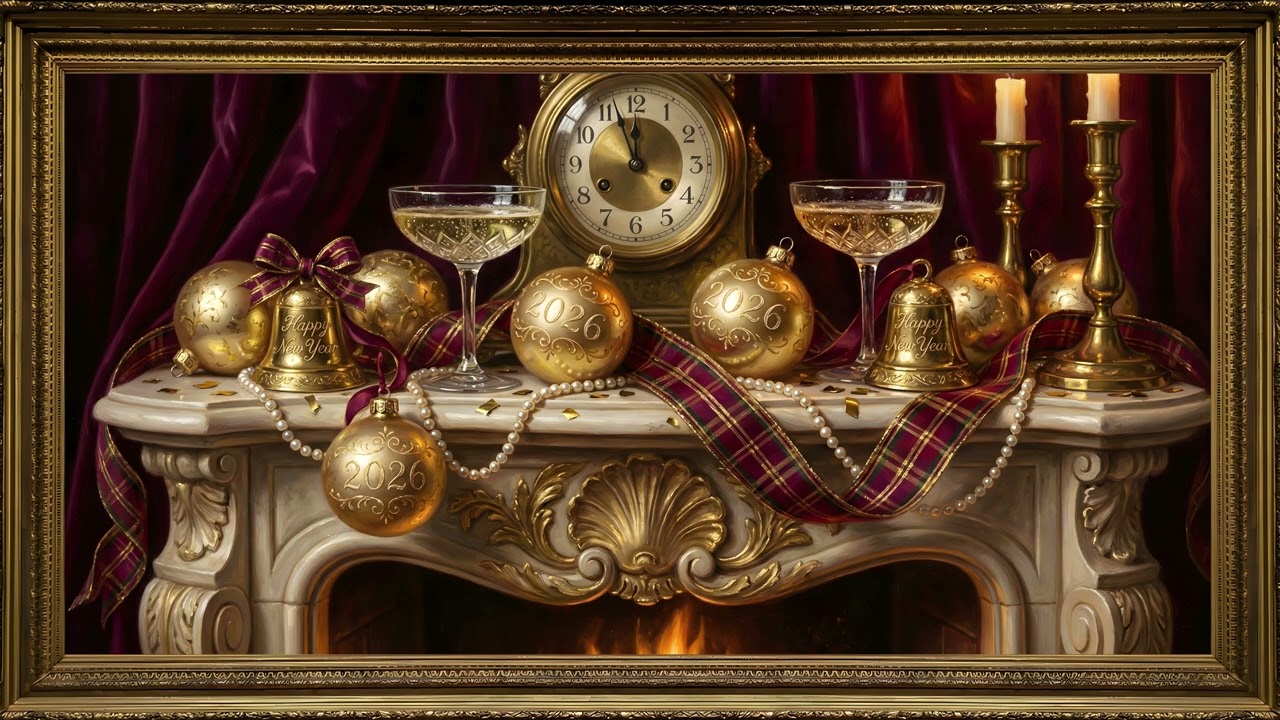 Vintage NYE Ornaments Fireplace Gold Frame TV | 2 Hours 4K — 4K ambient art screensaver in baroque gold frame