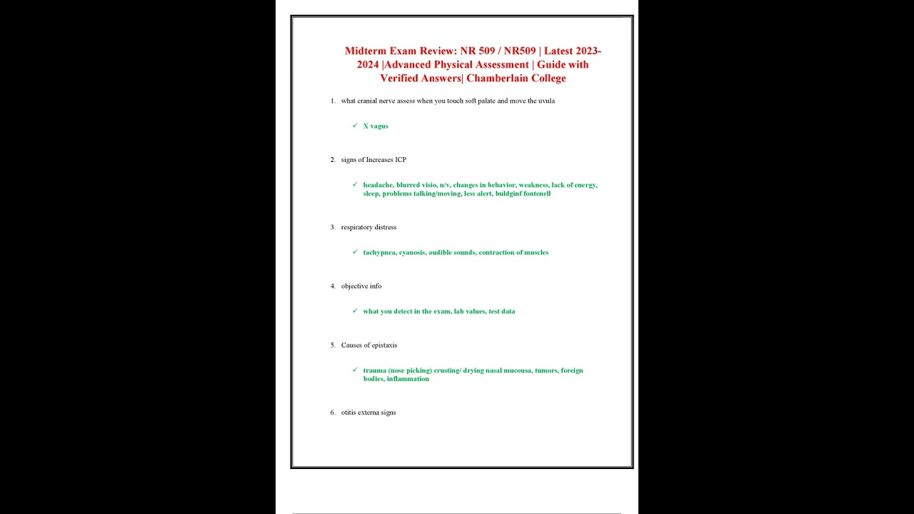 MIDTERM EXAM REVIEW NR 509 NR509 LATEST 2023 2024 ADVANCED PHYSICAL ASSESSMENT GUIDE WITH VERIFIED A