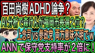 【日本保守党】百田尚樹ADHD論争？／森けんが2位？福岡市長選AI分析／上念司vs参政党両方意味不明で草／ANNで保守党支持率2倍に！