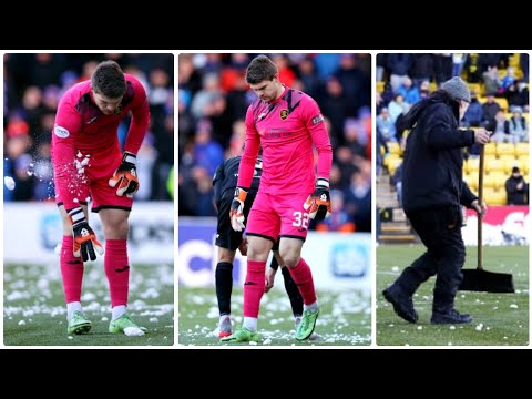 Fans throwing snowballs at goalkeeper Max Stryjek as Rangers vs Livingston delayed