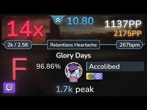 🔴🔔 10.8⭐ Accolibed | Fellowship - Glory Days [Relentless Heartache] +HDDT 96.86% | 1137pp 14❌ - osu!