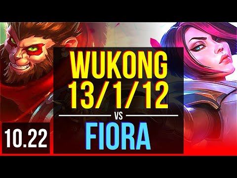 WUKONG vs FIORA (TOP) | 13/1/12, 69% winrate, Legendary, 6 solo kills | KR Grandmaster | v10.22