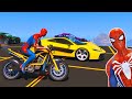 NOVA CORRIDA DE CARROS E MOTOS COM HOMEM ARANHA E SUPER HERÓIS DESAFIO NAS ALTURAS GTA V
