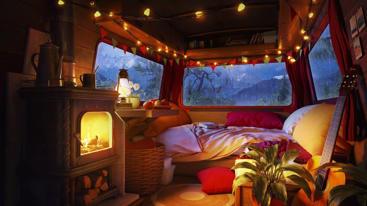 Fall Asleep in a Cozy Camper Van - Rainy Night, Fireplace Sounds and Thunderstorm