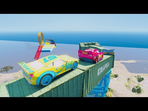 Disney Cars 3 Fabulous McQueen Stunt Jump UnderWater Cruz Ramirez Jackson Storm Dinoco