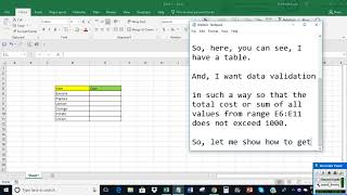 Excel: Data Validation does not allow total to exceed from certain value