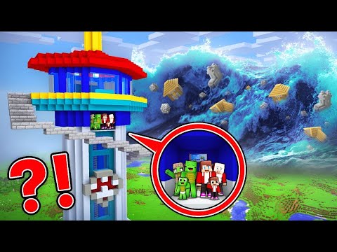 EPIC TSUNAMI vs. Mikey Family & JJ Family PAW PATROL TOWER - Minecraft (Maizen)