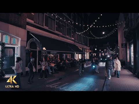 Busy Friday Nightlife Walk in Amsterdam • 4K ASMR Binaural City Sounds Slow TV