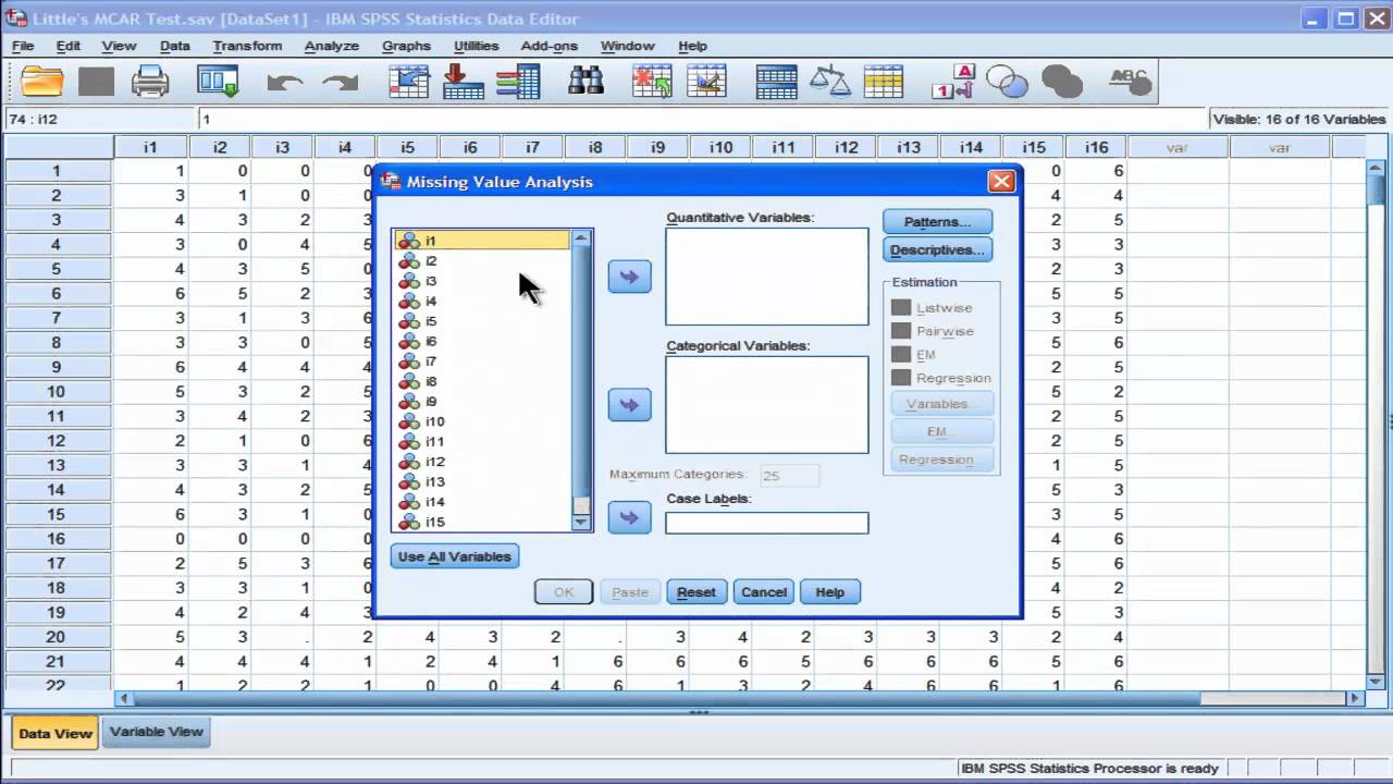 Little's Missing Completely at Random (MCAR) Test - SPSS