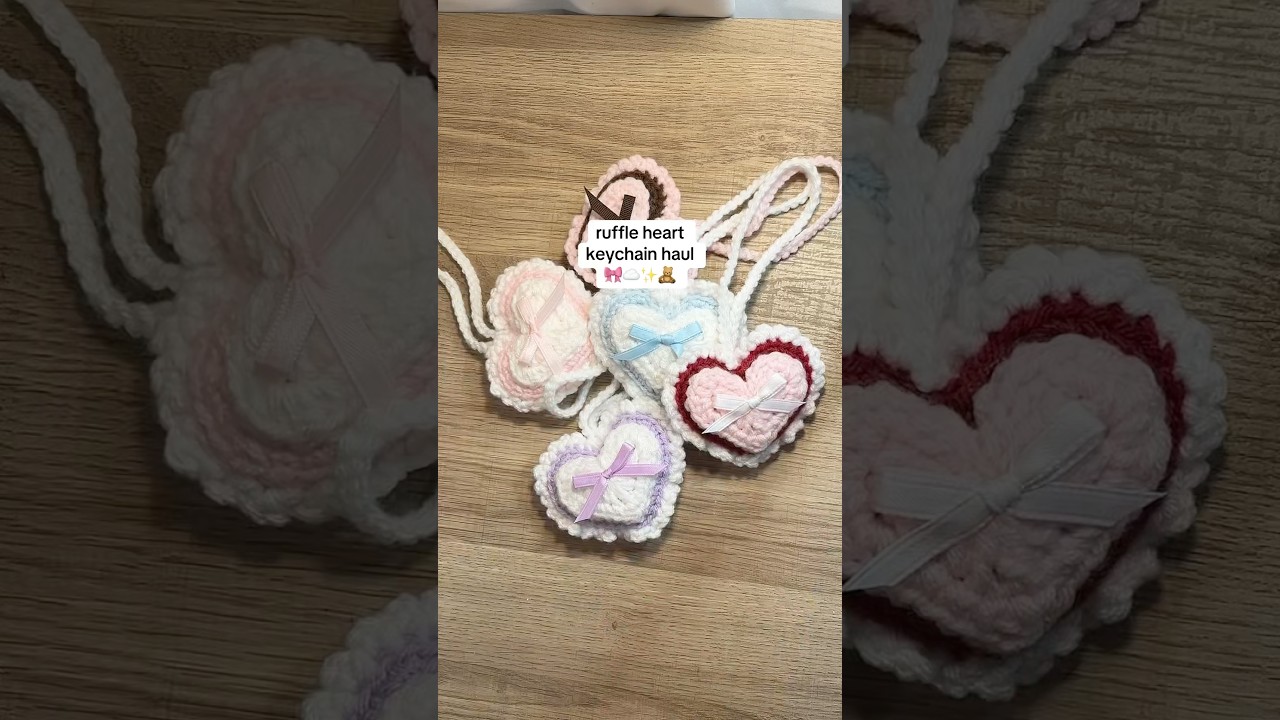 crochet ruffle heart charm keychains 🎀☁️✨ #crochet #crochetkeychain