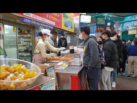 Comida de rua no mercado Gangneung Jungang na Coreia | Mercado tradicional coreano | Gangneung Travel