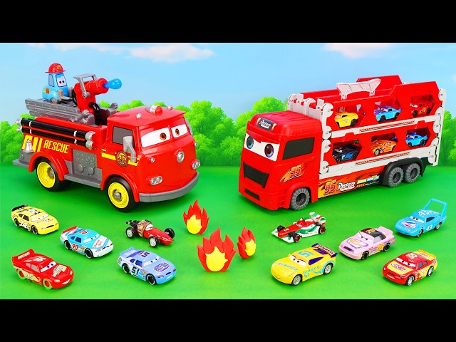 Vídeo relacionado con Mattel Disney Pixar Cars Rescate a toda máquina en Radiador Springs Camión de bomberos de juguete Rojo y Guido, 2 dianas de plástico en forma de fuego y 2 proyectiles de agua, JFL54
