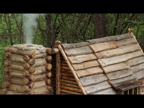 Building a Survival Cabin with Chimney-Fireplace & Wooden Roof in the Wilderness