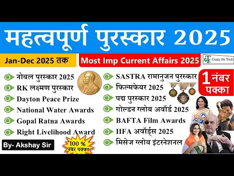 Current Affairs 2025 : पुरस्कार एवं सम्मान 2025 (Jan-Dec) | Imp Award & Honors 2025  Crazy Gk Trick