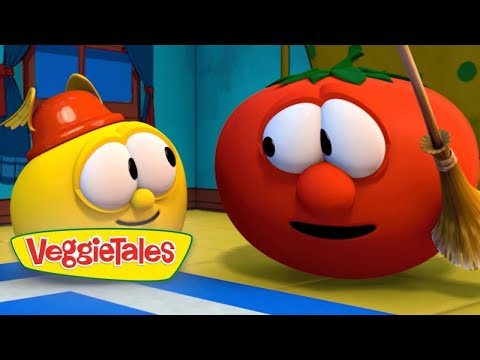 Animated VeggieTales scene: a yellow round character wearing a small red firefighter helmet chats with a red tomato character holding a broom indoors, VeggieTales logo visible.