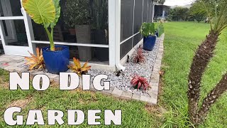 DIY No Dig Small Home Garden Idea w/ Bromiliads Alocasia Lawn Lights / Accent Garden Rock Garden