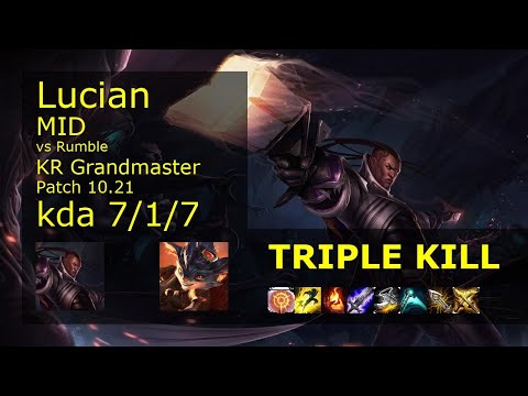 Lucian vs Rumble Mid - KR Grandmaster 7/1/7 Patch 10.21 Gameplay // [롤] 루시안 vs 럼블 미드