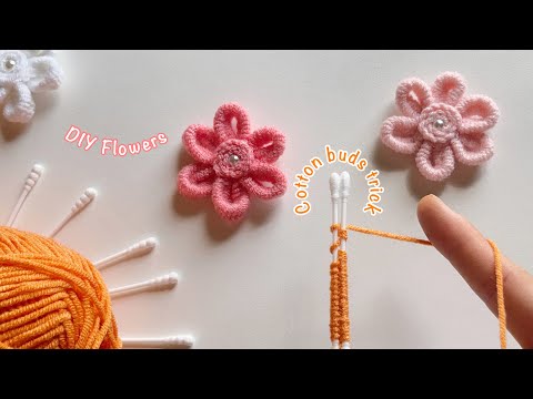 Superb Woolen Flower Craft Ideas with Cotton buds - DIY Woolen Flowers- Hand Embroidery Design Trick