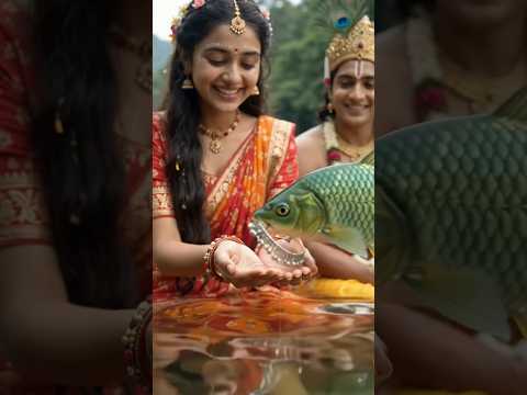 A magical fish returns Radha's anklet by the river