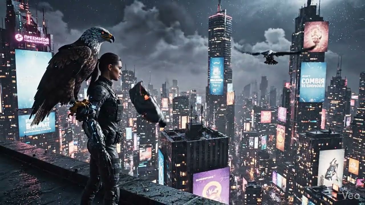 Warrior AI girl in a futuristic city with an eagle