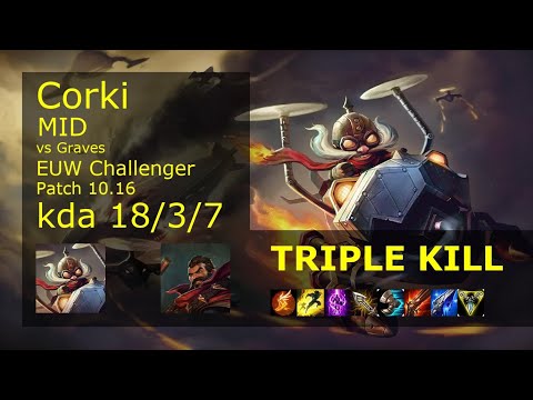 Corki Mid vs Graves - EUW Challenger 18/3/7 Patch 10.16 Gameplay