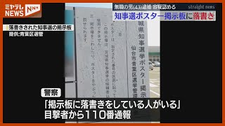 【落書き】知事選の選挙ポスター掲示板に、特定の候補者への意見などを…無職の男（43）逮捕（宮城）
