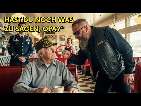 Ein Biker Beleidigt 76-Jährigen Veteran im Diner — Minuten Später Taucht Sein Sohn mit der Armee Auf