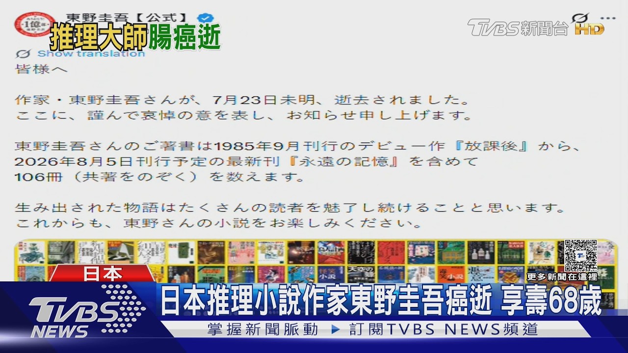 影音／新作8月才要出版　日本推理大師東野圭吾大腸癌逝享壽68歲