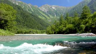 4k UHD Turquoise Mountain River in Summer. Nature Sounds, River Sounds, White Noise for Sleep, Study