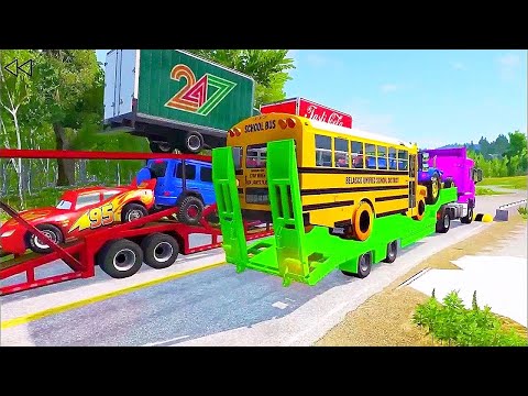Double Flatbed Trailer Truck Vs Speedbumps Train Vs Cars Beamng.drive In Reverse!  #310