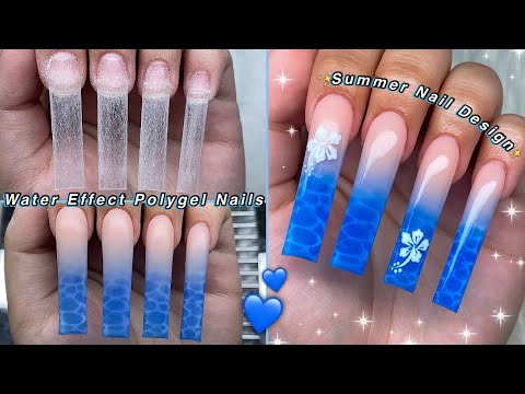 WATER EFFECT POLYGEL NAILS💙 EASY WATER EFFECT NAIL ART & SUMMER NAIL DESIGN! | Nail Tutorial