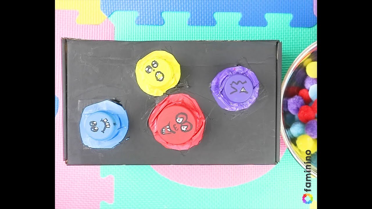 Monster-Fütterbox mit Pompons basteln - Farben lernen