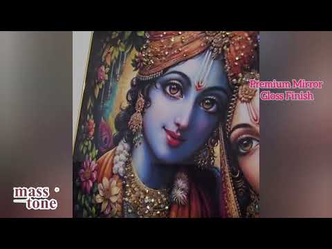 Masstone Radha Krishna Crystal Embedded High Gloss Surface with Golden Slim Frame Embossed Painting