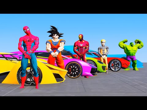 GTA V : SPIDER MAN CARS Multi MEGA Ramp Challenge ! SUPERHEROES Bikes Motos Race Challenge | Part 1