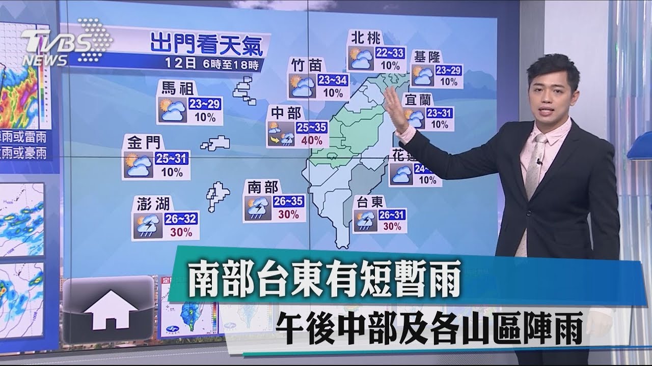 南部台東有短暫雨　午後中部及各山區陣雨