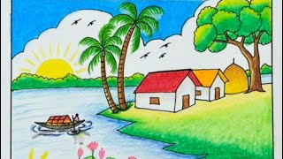 Beautiful Village Scenery Drawing | Easy Step-by-Step for Kids
