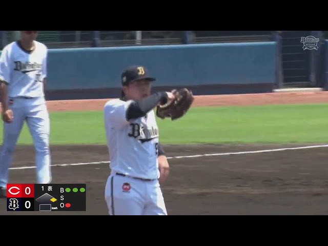 【ファーム】鋭い送球!! バファローズ・東晃平がスリーボールから牽制アウトを奪う!! 2023年7月11日 オリックス・バファローズ 対 広島東洋カープ