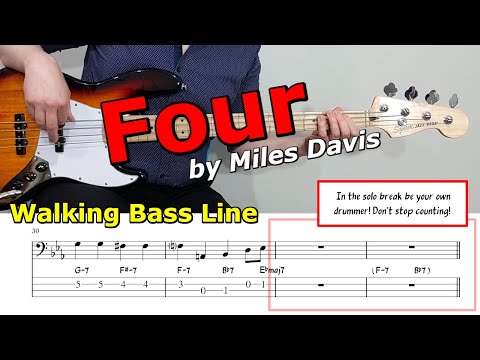 "Four"🎺 Walking Bass Line 🎵 Bass Guitar Lesson 🎸