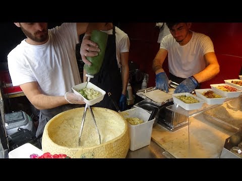 Italian Street Food: Hand Rolled Pasta Fettuccine Alfredo by Cheese Wheel, Camden Lock Market London