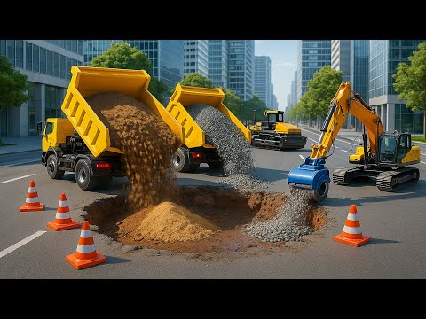 Construction Works: Excavator Repairs Damaged Road with Dump Truck!