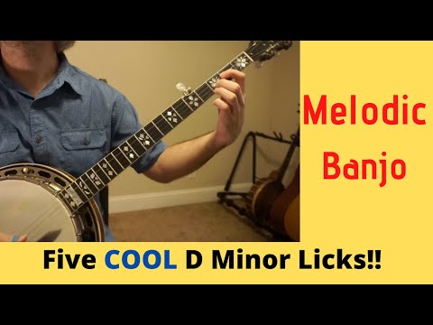 guy playing banjo with the words Melodic Banjo 5 cool D minor licks