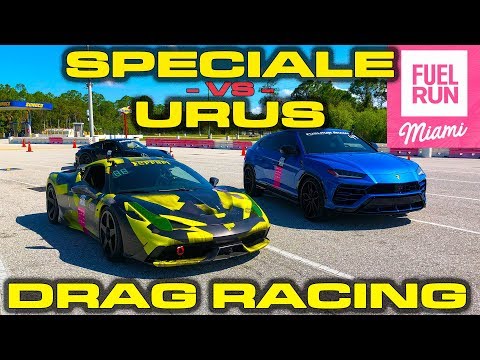 STRAIGHT PIPED FERRARI! * Ferrari Speciale vs Lamborghini Urus Drag Racing 1/4 Mile Fuel Run