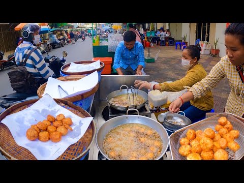 Cambodian Market Food, Snacks, Breakfast - Fried Cake & Pork Leg Cake Phnom Penh Street Food
