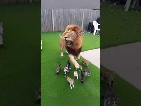 A predatory lion attacked kittens #animal