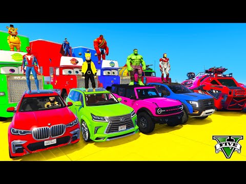 SPIDERMAN CARS Multi MEGA Ramp Challenge ! SUPERHERO GOKU Monster Truck Bikes Motos Race - GTA V
