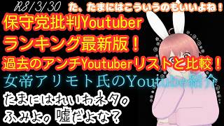 【#日本保守党 】保守党アンチYoutuberランキングと過去の保守党アンチYoutuberリスト。／女帝アリモト氏のYoutube紹介／れいわの人の妖気発言・・・w