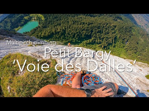 Multipitch climbing the 'Voie des Dalles' on the Petit Bargy, Bornes Aravis