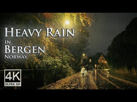 Heavy Rain in Bergen | Atmospheric 4k Walking Tour | Binaural Audio for Relaxation
